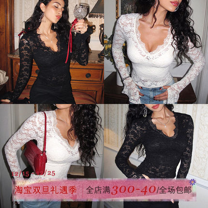 ITSNIKAR 珍珠蕾丝法式镂空V领针织衫女秋性感打底衫外穿蕾丝上衣