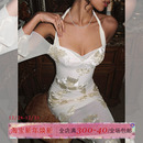 裙子 长袖 ITSNIKAR新中式 复古挂脖连衣裙女荡领盘花刺绣针织裙修身