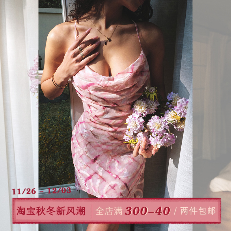 ITSNIKAR【桃花酒】粉色格纹性感吊带连衣裙女春荡领设计包臀裙子