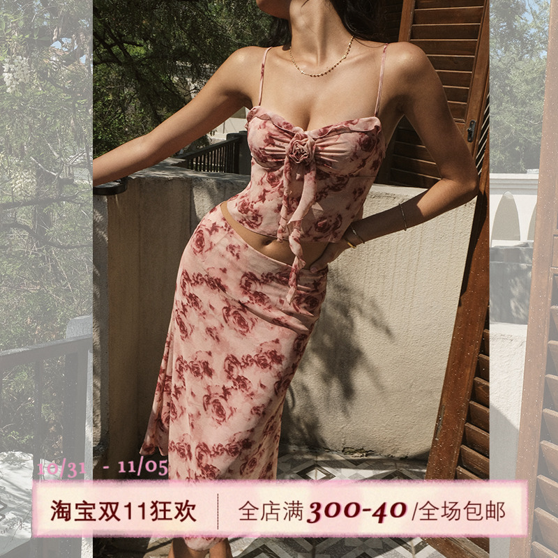 ITSNIKAR新中式复古玫瑰碎花套装女辣妹吊带裙子上衣度假风两件套