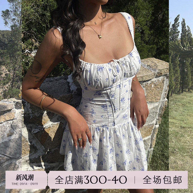 ITSNIKAR法式蓝色碎花吊带连衣裙女肌理感方领茶歇裙短款小白裙子图片