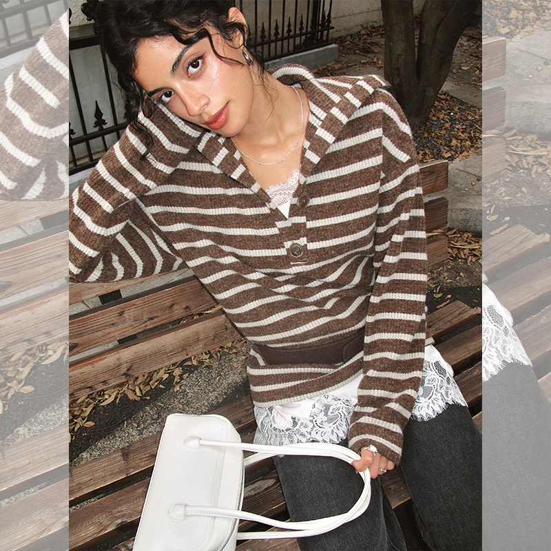 ITSNIKAR 复古拼色条纹针织衫女秋冬休闲打底衫慵懒风内搭短上衣