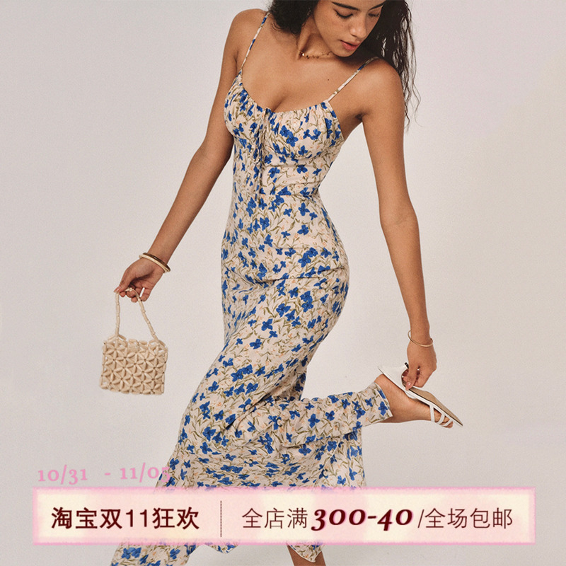 ITSNIKAR法式蓝色蝴蝶碎花连衣裙女夏长款包臀吊带裙海岛度假裙子