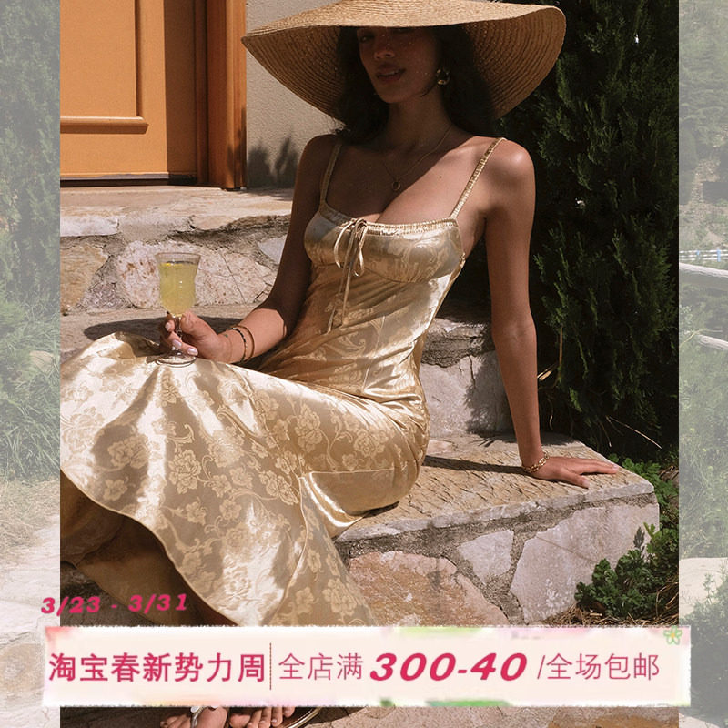 ITSNIKAR 复古提花缎面吊带连衣裙女夏修身显瘦鱼尾裙包臀长裙子