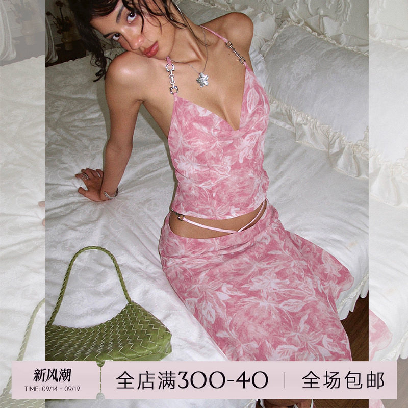 ITSNIKAR慵懒风荡领性感露背吊带套装女夏印花显瘦包臀裙子两件套