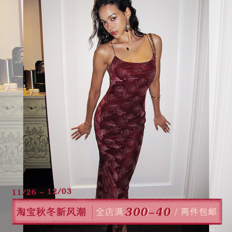 ITSNIKAR新中式复古印花连衣裙女秋高级显瘦包臀裙收腰性感长裙子