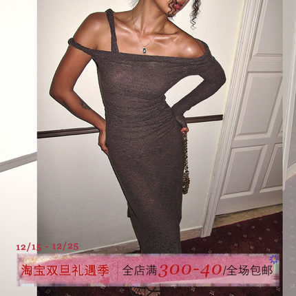 ITSNIKAR 一字肩设计连衣裙女秋复古显瘦打底裙弹力收腰包臀裙子