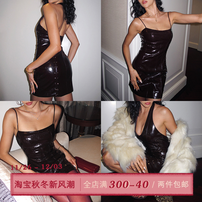 ITSNIKAR欧美挂脖PU连衣裙女秋冬性感辣妹吊带皮裙美拉德包臀裙子