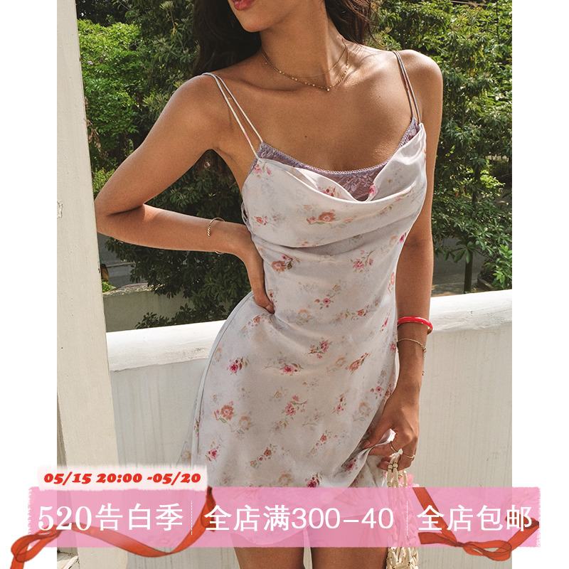 ITSNIKAR 新中式缎面碎花连衣裙女夏季荡领吊带裙收腰设计短裙子