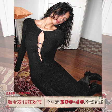 ITSNIKAR法式黑色连衣裙秋冬生日针织裙高级设计感紧身礼服长裙子