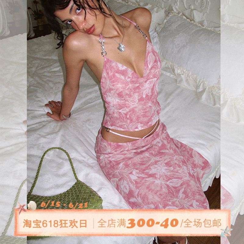 ITSNIKAR慵懒风荡领性感露背吊带套装女夏印花显瘦包臀裙子两件套