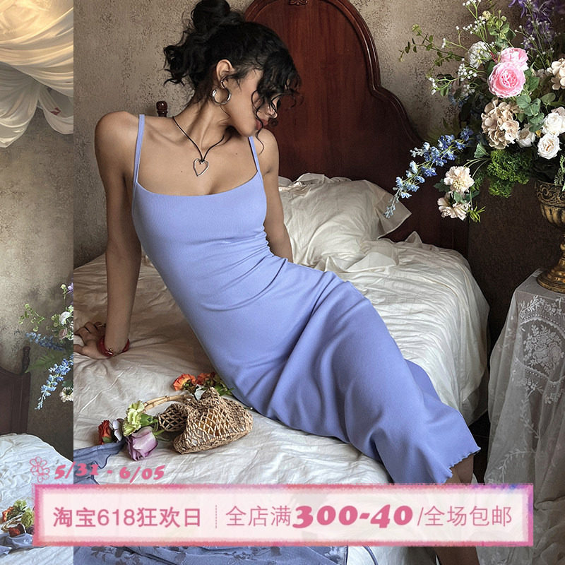 ITSNIKAR 经典深U领针织吊带连衣裙女春修身性感包臀裙显瘦长裙子