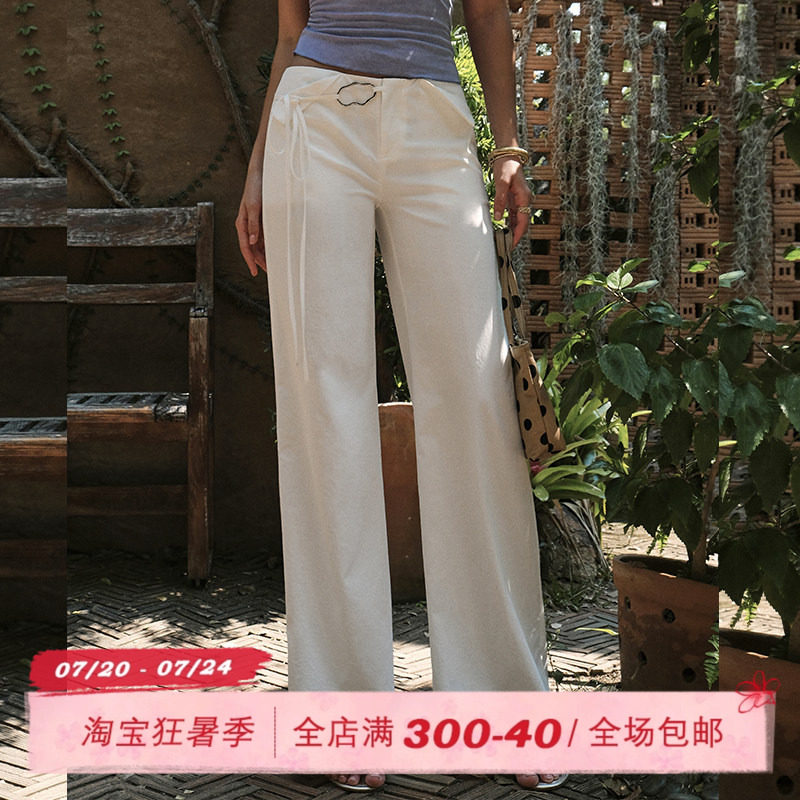 ITSNIKAR经典绑带中高腰休闲裤女夏修身显瘦直筒裤立体百搭长裤子