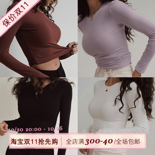 圓領(lǐng)t恤女高級(jí)紫色針織打底衫 ITSNIKAR 修身 長袖 內(nèi)搭緊身露思上衣