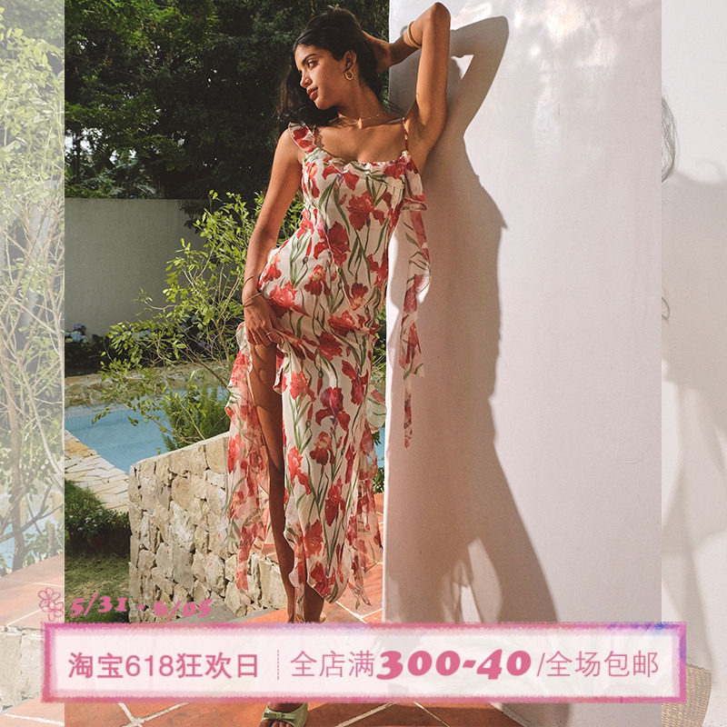 ITSNIKAR 春日碎花连衣裙女夏慵懒度假风吊带长裙拼接设计感裙子