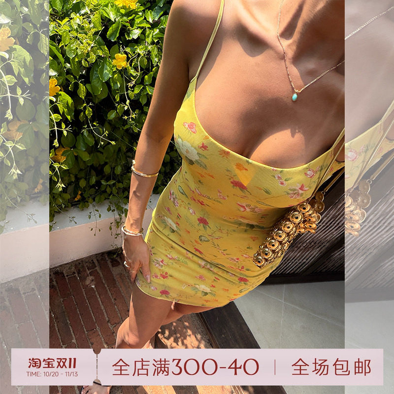 ITSNIKAR复古多巴胺玫瑰吊带连衣裙女夏修身性感包臀裙印花短裙子