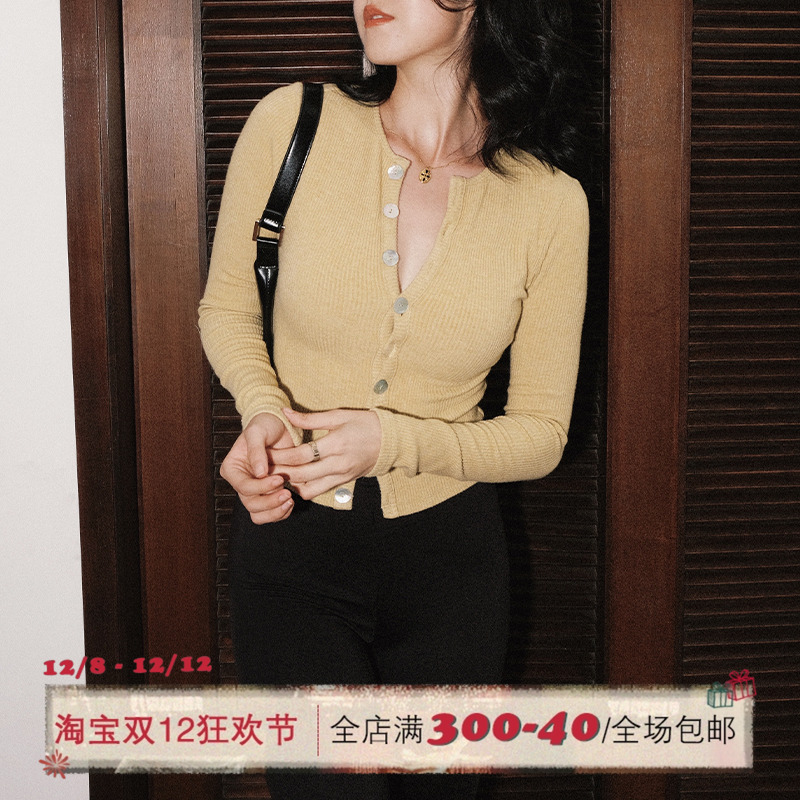 ITSNIKAR鹅黄色法式针织开衫