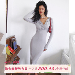 显瘦包臀裙垂感开衩长裙子 连衣裙女初秋修身 ITSNIKAR 复古V领长袖