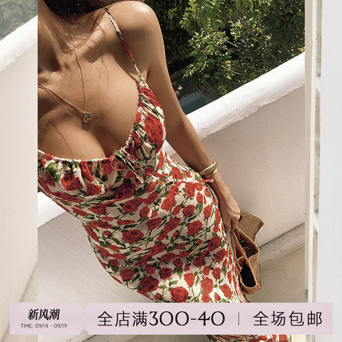 ITSNIKAR玫瑰花度假风吊带裙子