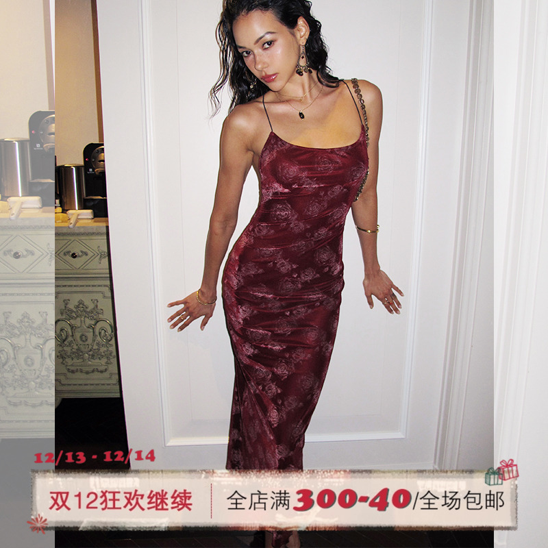 ITSNIKAR新中式复古印花连衣裙女秋高级显瘦包臀裙收腰性感长裙子