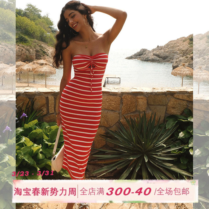 ITSNIKAR 条纹抹胸针织连衣裙女夏度假风性感露肩收腰包臀中长裙