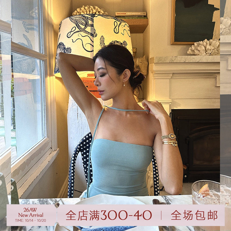 ITSNIKAR曼波风薄荷绿挂脖连衣裙女带胸垫性感抹胸吊带裙包臀裙子