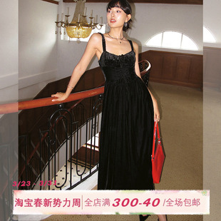 ITSNIKAR 黑天鹅赫本风吊带连衣裙女丝绒闪钻裙年会小黑裙子 法式