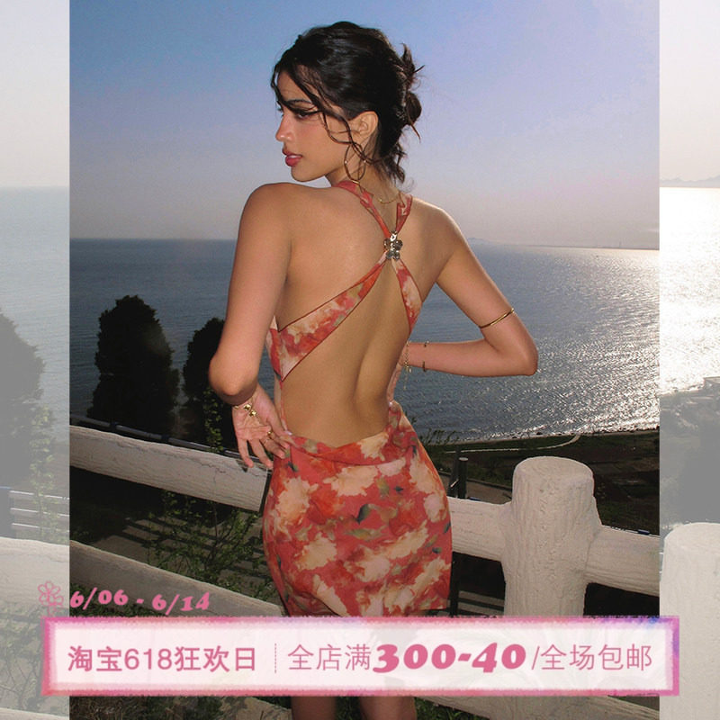 ITSNIKAR复古红色碎花连衣裙女性感挂脖吊带裙海边露背度假长裙子