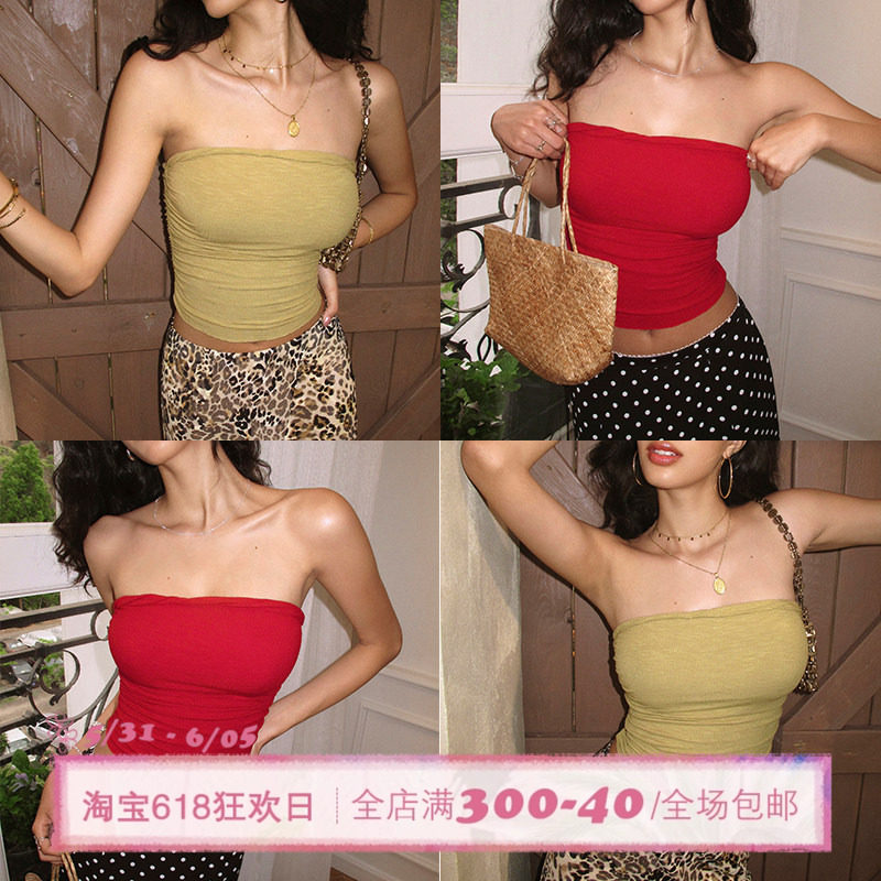 ITSNIKAR 裸感红色抹胸女夏带胸垫显瘦打底内搭针织外穿露背上衣