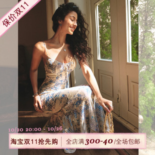 ITSNIKAR 蓝色碎花连衣裙女性感吊带长裙海边度假鱼尾裙 清酒裙