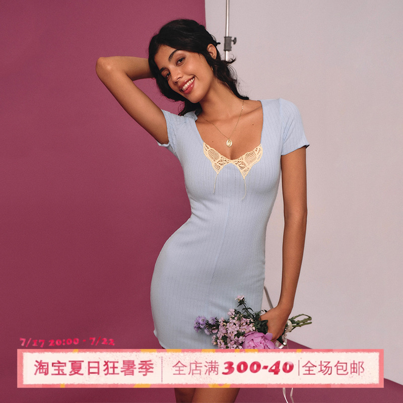 ITSNIKAR 性感蝴蝶蕾丝拼接连衣裙女夏季设计感v领收腰包臀短裙子