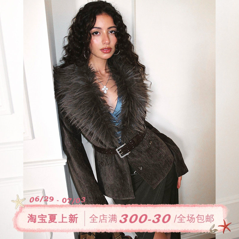 ITSNIKAR法式可拆卸毛毛领拼接呢子外套女秋冬复古立体显瘦短上衣