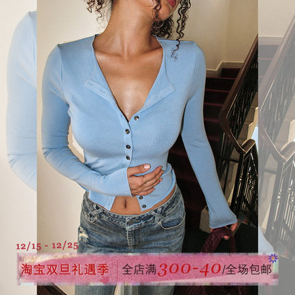 ITSNIKAR 法式白色V领针织衫女秋冬性感修身长袖打底衫紧身短上衣