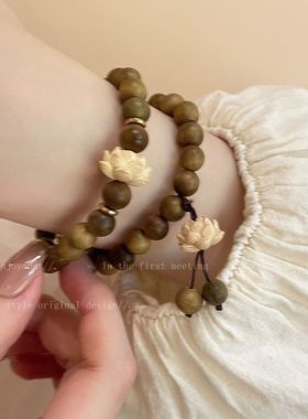 绿檀木串珠子莲花手链女新款中式手串禅意小众复古闺蜜