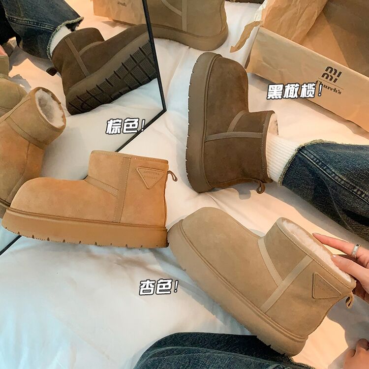 牛反绒磨砂皮卡皮巴拉圆头松糕厚底时尚雪地靴加厚绒保暖棉鞋