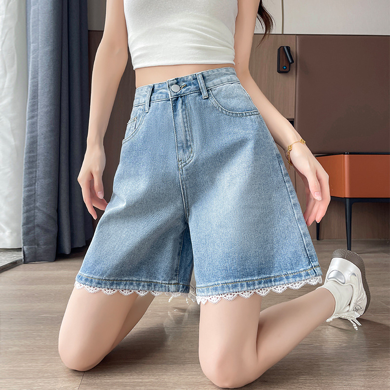 浅蓝色牛仔短裤女夏季薄款高腰蕾丝花边设计感小众宽松阔腿五分裤