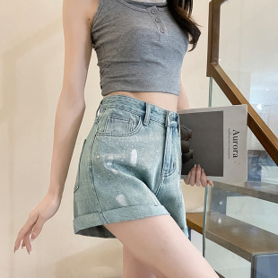 复古烫钻卷边牛仔短裤女2025夏季薄款小个子a字彩绘阔腿四分裤子