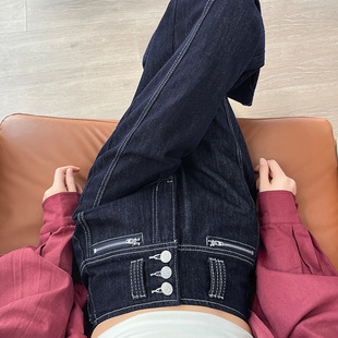 排扣收腹宽松小个子拖地裤 新款 女2025秋季 重工高腰弯刀阔腿牛仔裤