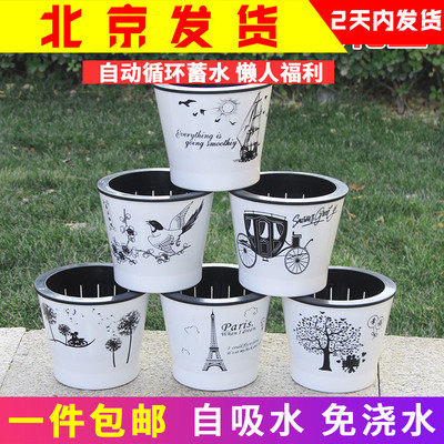 懒人自吸水花盆水培客厅欧式花盆树脂养花绿萝盆自动上水塑料花盆