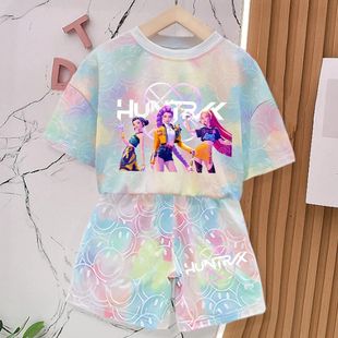 K-Pop: Demon Hunters猎魔女团圆领T恤男女童夏季上衣裤两件套装
