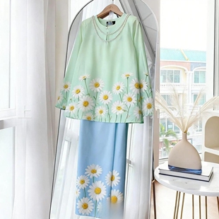 气质通勤休闲潮流女士长袖长裙套装（Baju Kurung）Kurta花卉图案