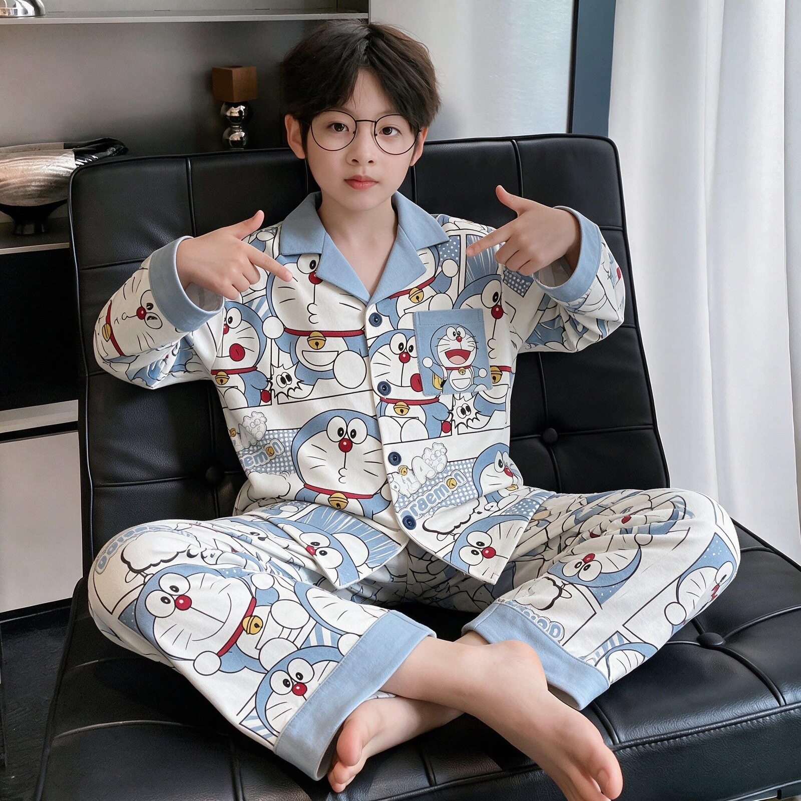 哆啦A梦儿童睡衣男孩春秋青少年精梳棉长袖秋款中大童男童家居服