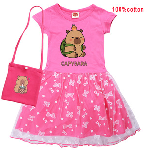 水豚capybara卡皮巴拉卡通童装全棉网纱裙子2-10岁纯棉女童连衣裙