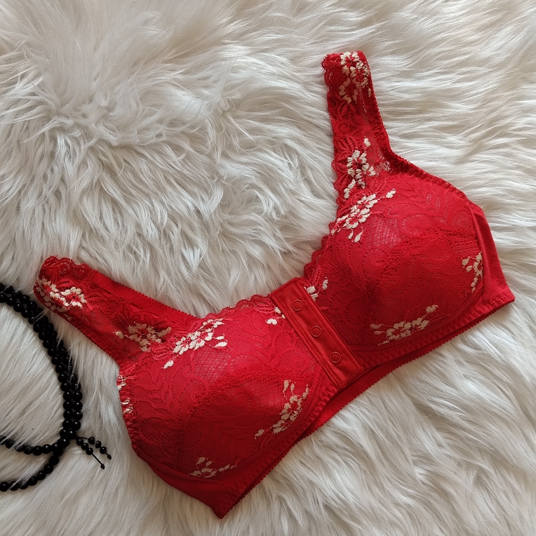新年红性感刺绣蕾丝聚拢文胸无痕本命年款透气无钢圈前按扣文胸