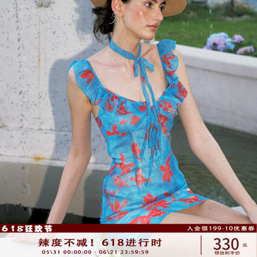 Anti Being General性感辣妹风收腰蓝色小飞袖印花连衣裙短裙