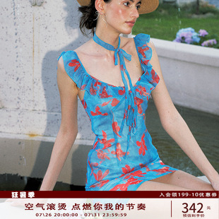 Anti Being General性感辣妹风收腰蓝色小飞袖印花连衣裙短裙