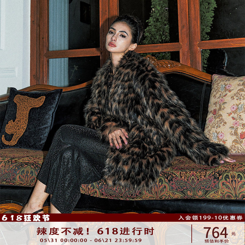 Anti Being General欧美辣妹豹纹时髦中长款貂绒环保皮草大衣外套