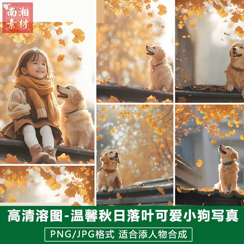 新版儿童影楼后期高清溶图模板百天满月宝宝照片设计秋叶狗狗素材