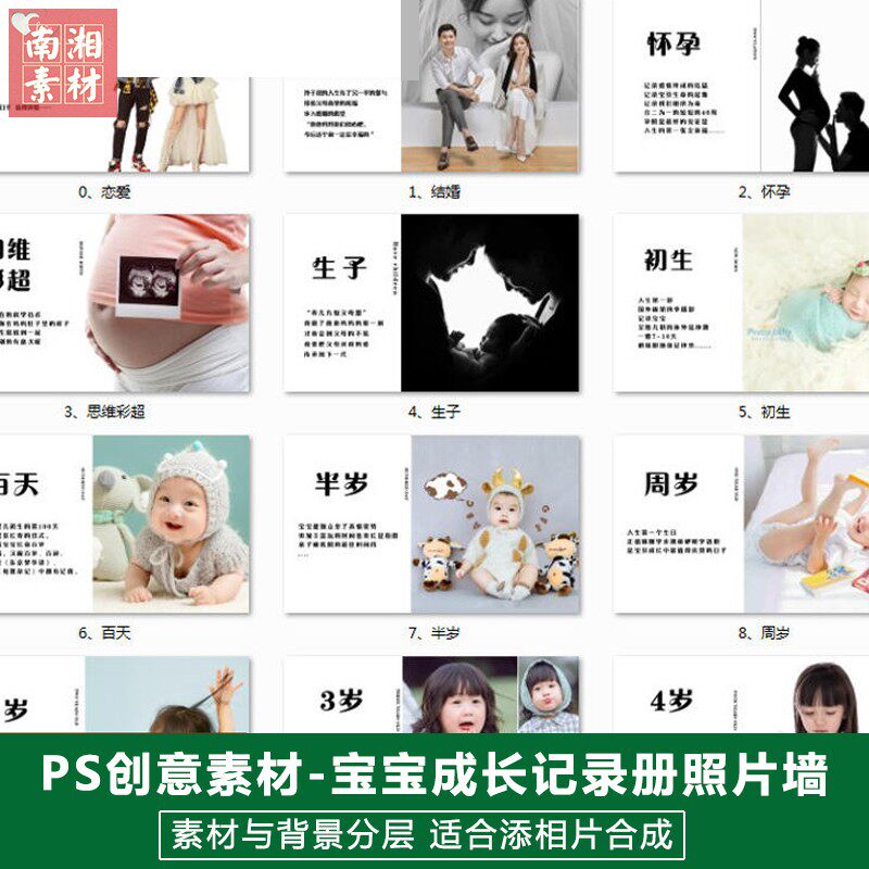 新版儿童影楼后期PS模板百天满月宝宝照片设计成长纪录照片墙素材