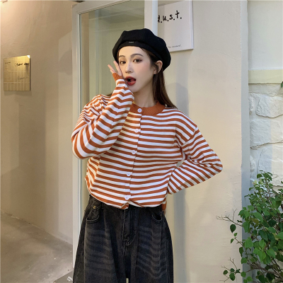 秋冬新款韩版chic桔红色条纹长袖针织开衫女洋气慵懒风毛衣薄外套